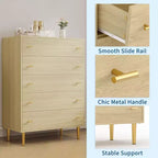 COZONY Cassettiera 44 stile rustico con 5 cassetti, in legno naturale con maniglie a barra per camera da letto e soggiorno