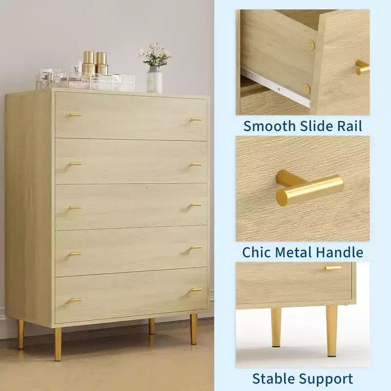 COZONY Cassettiera 44 stile rustico con 5 cassetti, in legno naturale con maniglie a barra per camera da letto e soggiorno