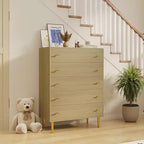 COZONY 44 Farmhouse Dresser with 5 Drawers, Natural Wood Rustic Chest & Bar Handles for Bedroom & Living Room