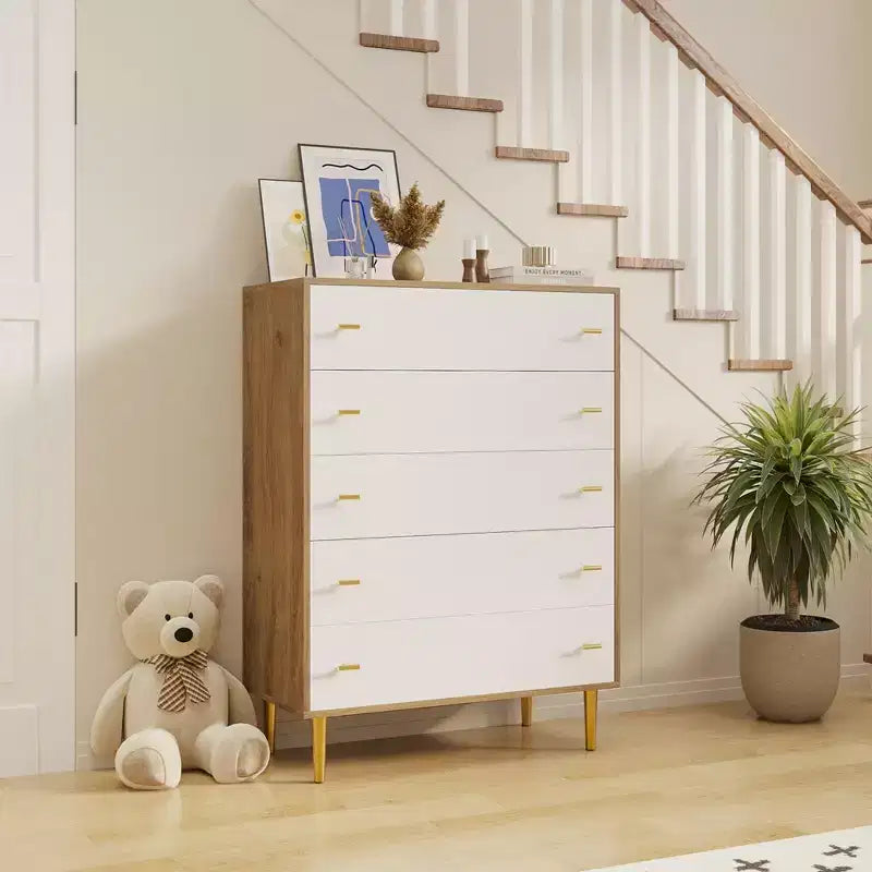 COZONY Cassettiera 44 stile rustico con 5 cassetti, in legno naturale con maniglie a barra per camera da letto e soggiorno