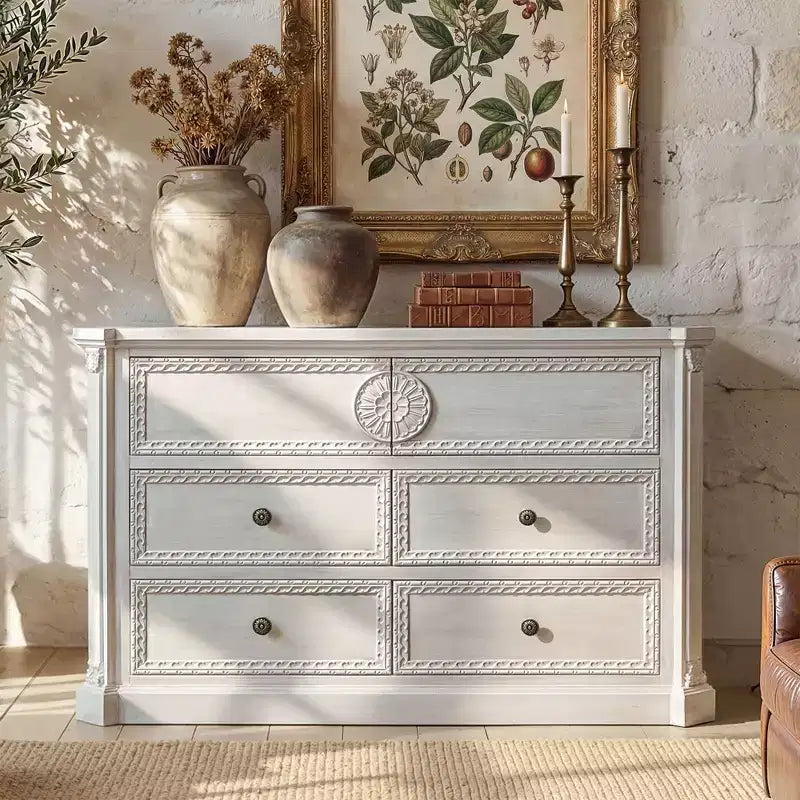 Homsee Pre-Assembled White Solid Wood 6-Drawer Dresser: Ornate Carved Details + Vintage Trim  Ready-to-Use Statement Storage for Bedrooms