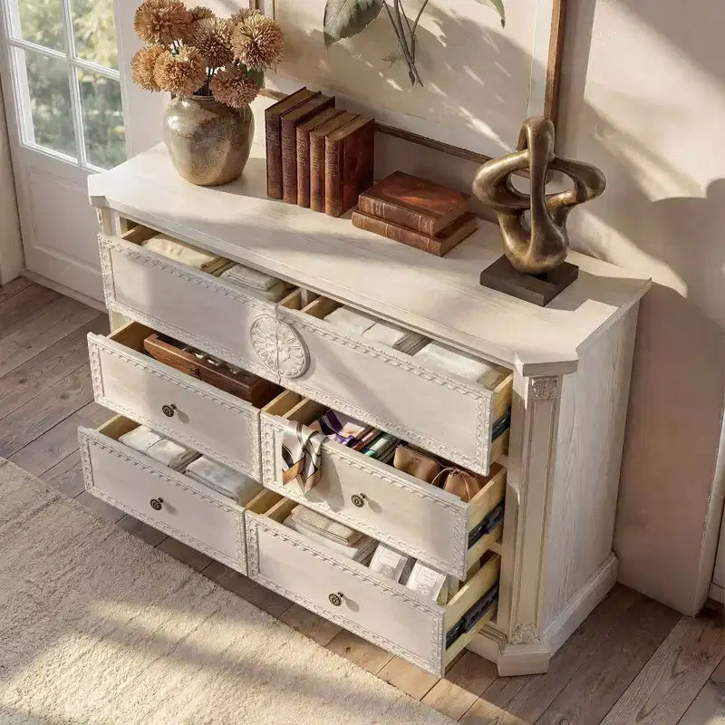 Cassettiera Homsee in legno massello bianco a 6 cassetti preassemblata: Dettagli intagliati ornamentali + Finiture vintage. Mobile contenitore pronto all'uso per la camera da letto.