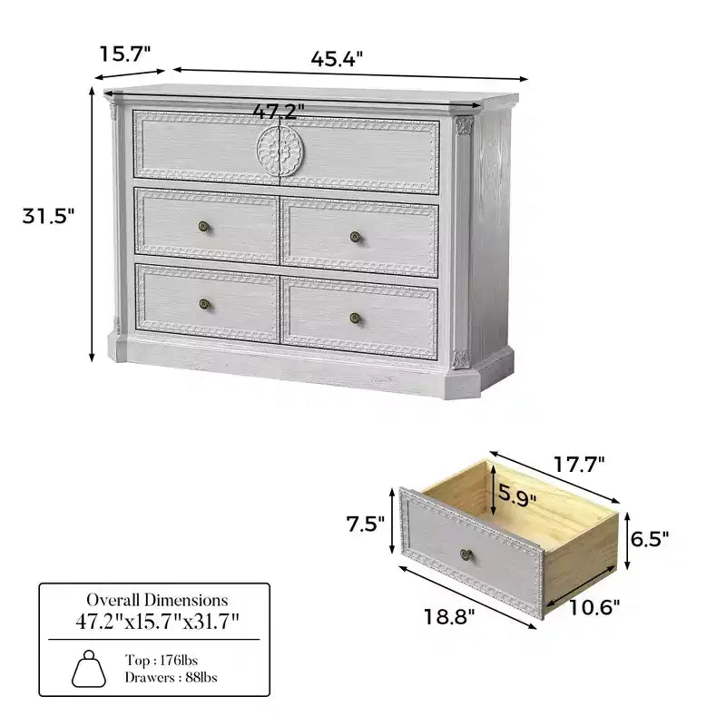 Cassettiera Homsee in legno massello bianco a 6 cassetti preassemblata: Dettagli intagliati ornamentali + Finiture vintage. Mobile contenitore pronto all'uso per la camera da letto.