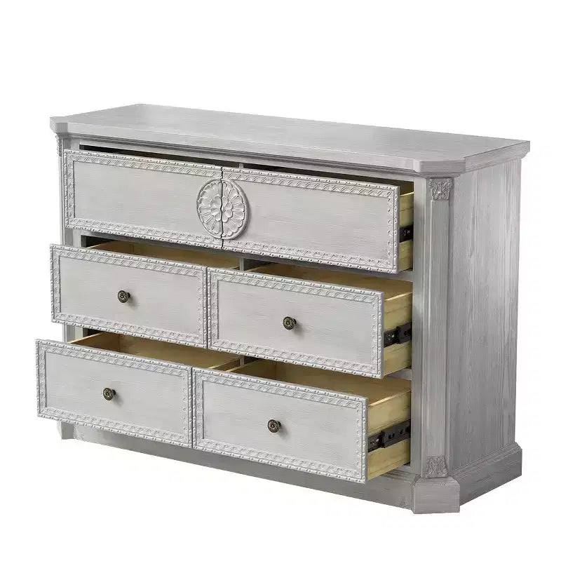 Cassettiera Homsee in legno massello bianco a 6 cassetti preassemblata: Dettagli intagliati ornamentali + Finiture vintage. Mobile contenitore pronto all'uso per la camera da letto.