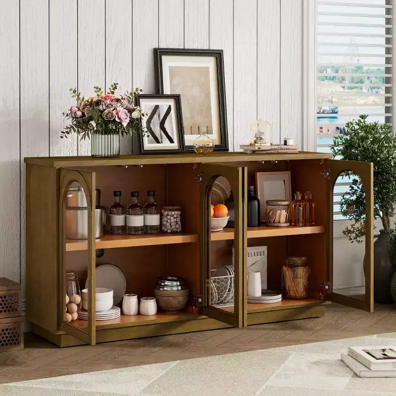Madia moderna a buffet con ante in vetro ad arco, mobile TV con ripiani regolabili, sistema di apertura a pressione - Panipeachy