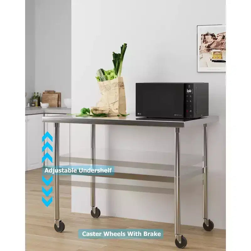 Tavolo da Lavoro in Acciaio Inox con Sottopiano Regolabile, Tavolo da Preparazione Commerciale per Cucina, Ristorante, Garage
