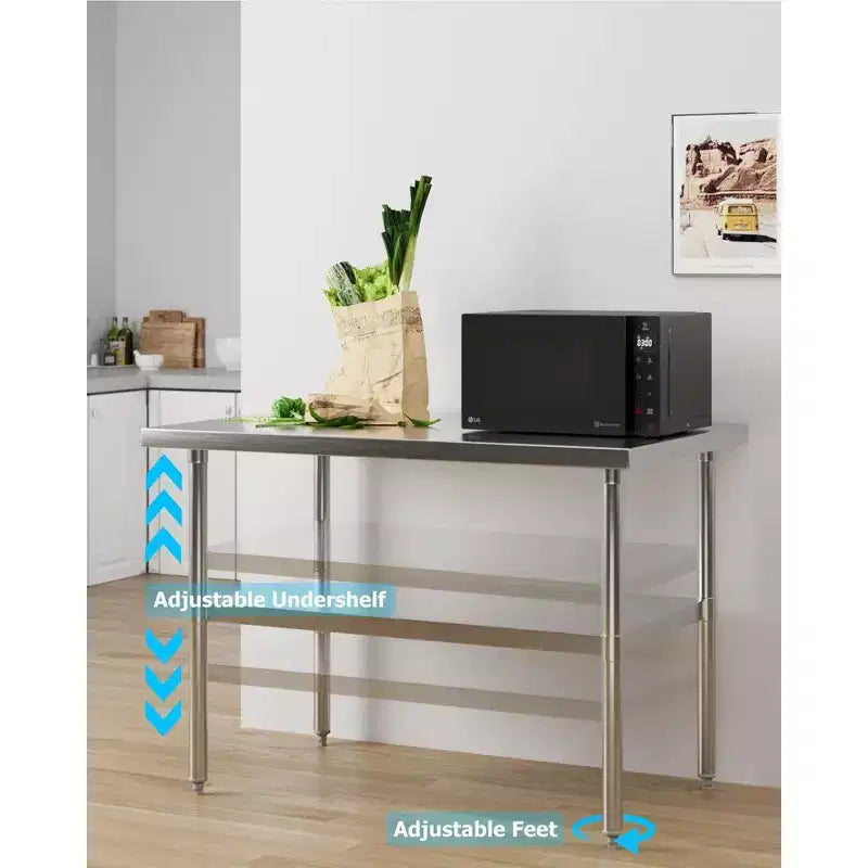 Tavolo da Lavoro in Acciaio Inox con Sottopiano Regolabile, Tavolo da Preparazione Commerciale per Cucina, Ristorante, Garage