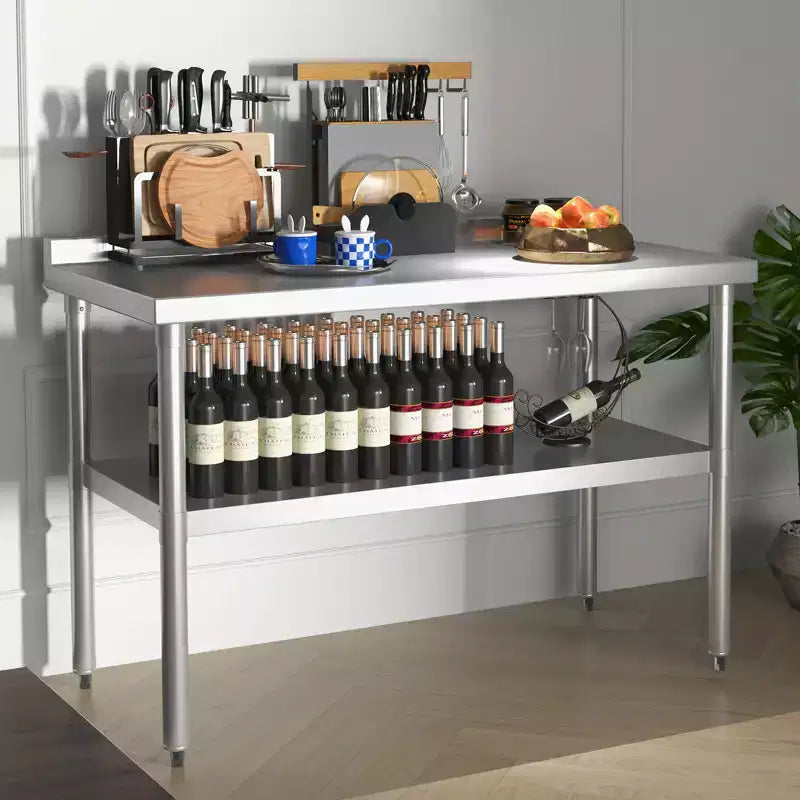 Tavolo da Lavoro in Acciaio Inox con Sottopiano Regolabile, Tavolo da Preparazione Commerciale per Cucina, Ristorante, Garage