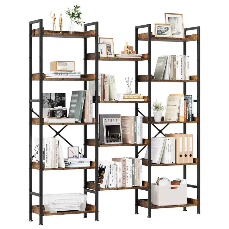 Bookshelf, Bookcase  Triple 5-Tier Industrial Bookcase with 14 Open Shelves Sturdy Metal Frame Rustic Brown Storage Rack