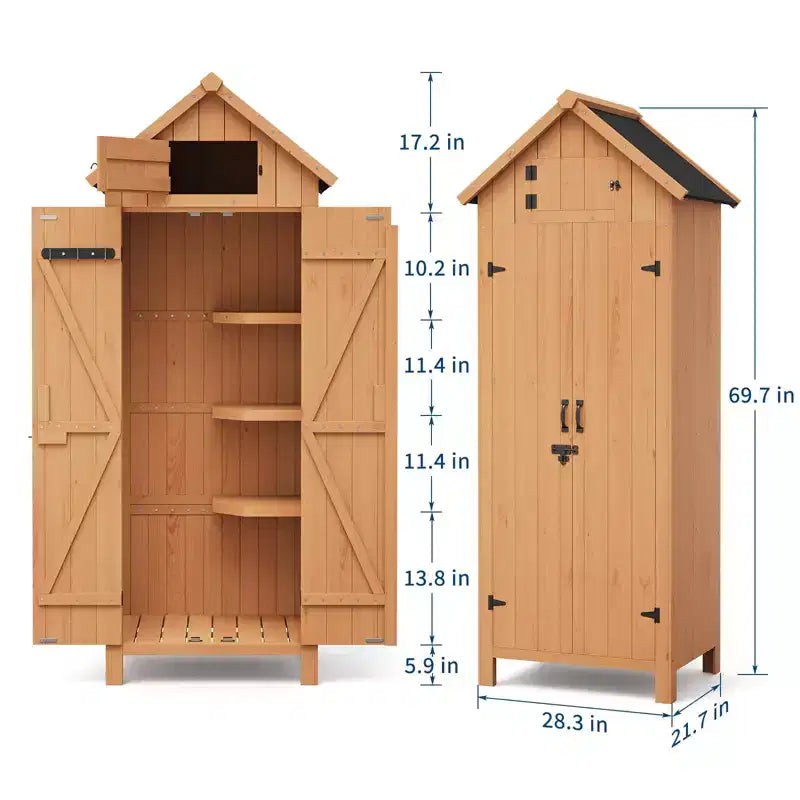 COZONY 70 Casetta Porta Attrezzi in Legno Impermeabile con 3 Ripiani e Anta con Serratura, Armadio Verticale per Attrezzi da Giardino per Patio e Cortile