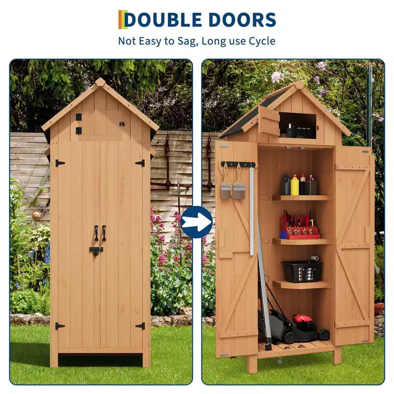 COZONY 70 Casetta Porta Attrezzi in Legno Impermeabile con 3 Ripiani e Anta con Serratura, Armadio Verticale per Attrezzi da Giardino per Patio e Cortile