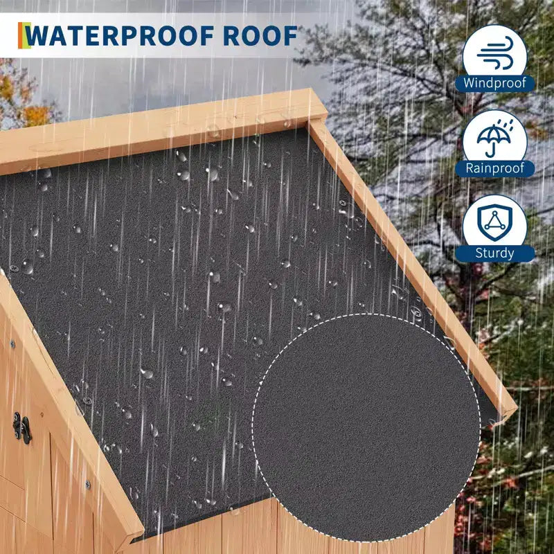 COZONY 70 Casetta Porta Attrezzi in Legno Impermeabile con 3 Ripiani e Anta con Serratura, Armadio Verticale per Attrezzi da Giardino per Patio e Cortile