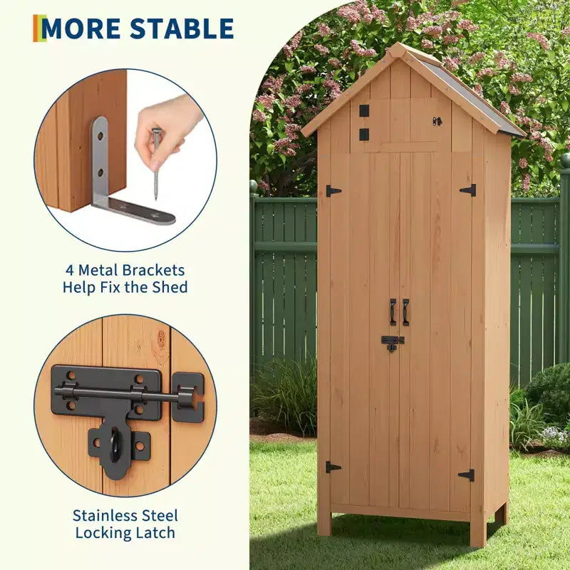 COZONY 70 Casetta Porta Attrezzi in Legno Impermeabile con 3 Ripiani e Anta con Serratura, Armadio Verticale per Attrezzi da Giardino per Patio e Cortile