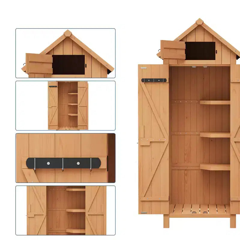 COZONY 70 Casetta Porta Attrezzi in Legno Impermeabile con 3 Ripiani e Anta con Serratura, Armadio Verticale per Attrezzi da Giardino per Patio e Cortile