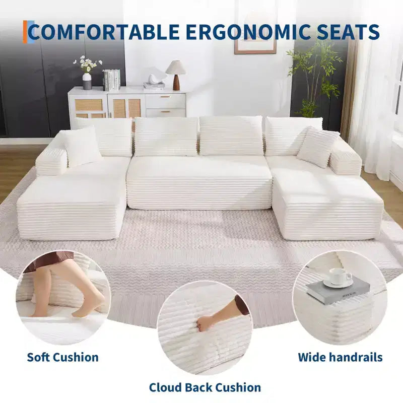 Divano sezionale modulare a nuvola a forma di U da 130'' con 2 chaise longue, divano a 4 posti in velluto a coste con seduta profonda e cuscini per soggiorno
