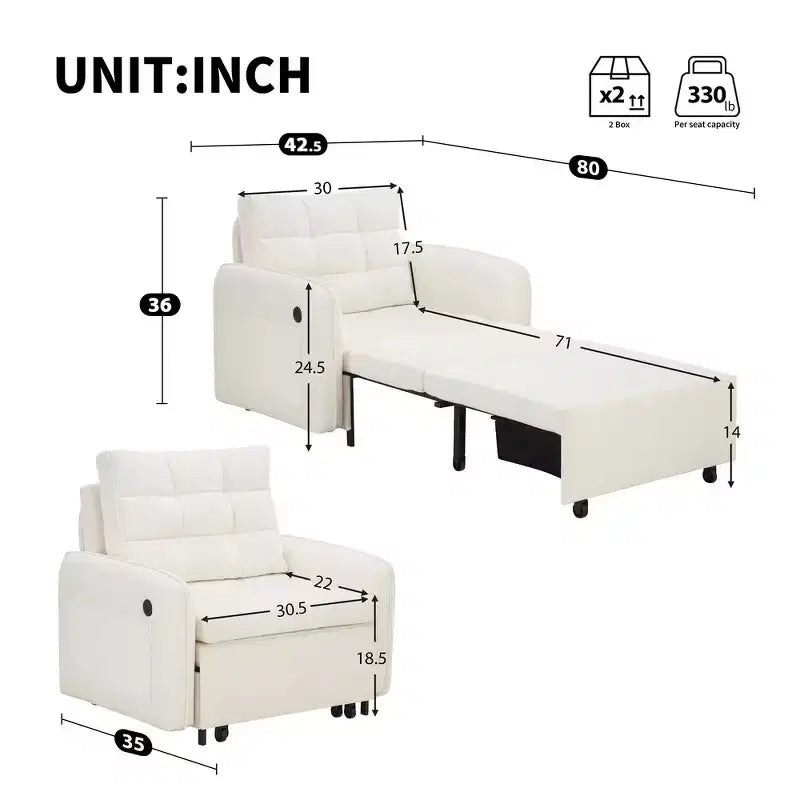 Poltrona Letto Whisen 3 in 1, Divano Letto Estraibile 80 Extra Lungo, Divano Letto Singolo in ciniglia con Tasche portaoggetti