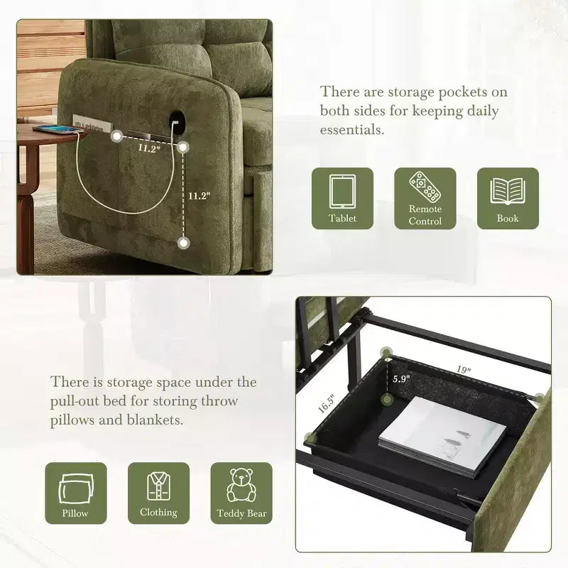 Poltrona Letto Whisen 3 in 1, Divano Letto Estraibile 80 Extra Lungo, Divano Letto Singolo in ciniglia con Tasche portaoggetti