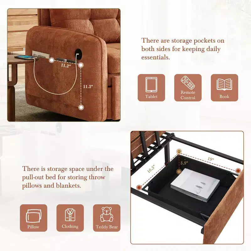 Poltrona Letto Whisen 3 in 1, Divano Letto Estraibile 80 Extra Lungo, Divano Letto Singolo in ciniglia con Tasche portaoggetti
