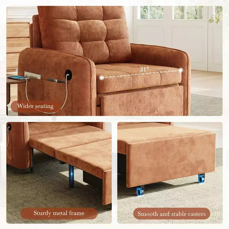 Poltrona Letto Whisen 3 in 1, Divano Letto Estraibile 80 Extra Lungo, Divano Letto Singolo in ciniglia con Tasche portaoggetti