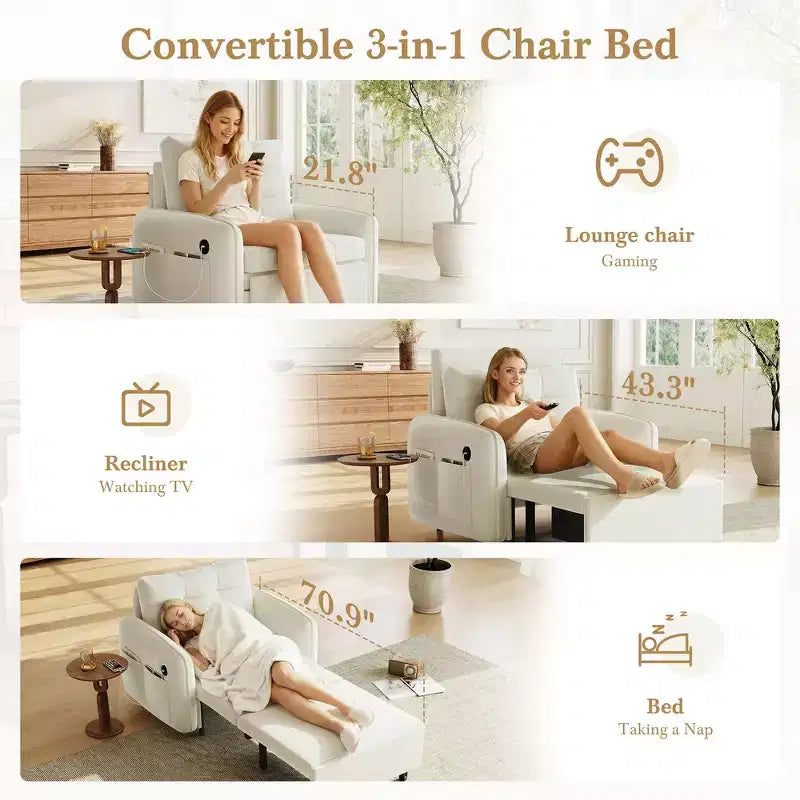 Poltrona Letto Whisen 3 in 1, Divano Letto Estraibile 80 Extra Lungo, Divano Letto Singolo in ciniglia con Tasche portaoggetti