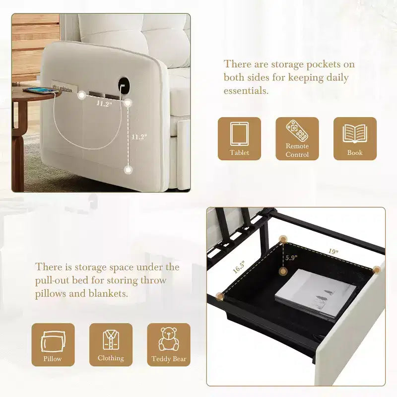 Poltrona Letto Whisen 3 in 1, Divano Letto Estraibile 80 Extra Lungo, Divano Letto Singolo in ciniglia con Tasche portaoggetti