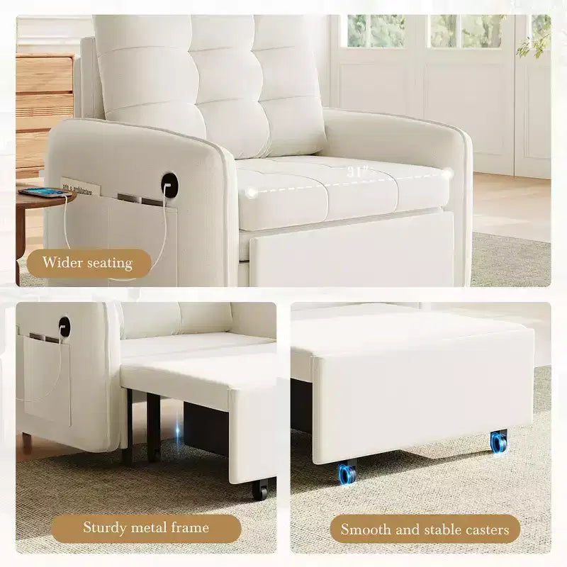Poltrona Letto Whisen 3 in 1, Divano Letto Estraibile 80 Extra Lungo, Divano Letto Singolo in ciniglia con Tasche portaoggetti