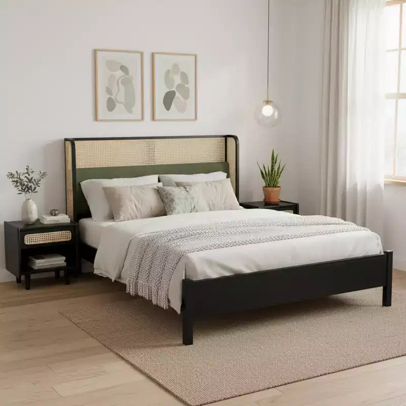 Christopher Knight Home Megan Struttura letto contemporanea in legno con testiera imbottita in rattan