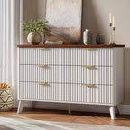 White 6-Drawer Dresser, 47.2 Wide Curved Fluted Design with Gold Handles, Thickened Modern Chest for Bedroom & Living Room.