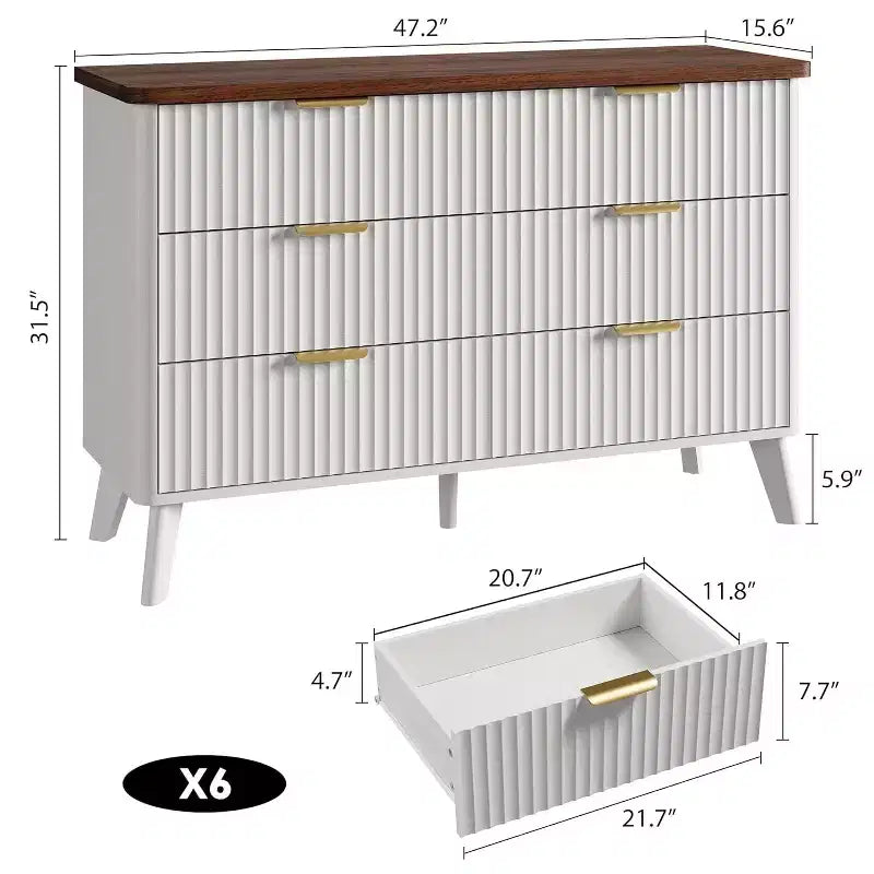Comò bianco a 6 cassetti, design curvo scanalato largo 120 cm con maniglie dorate, cassettiera moderna e robusta per camera da letto e soggiorno.