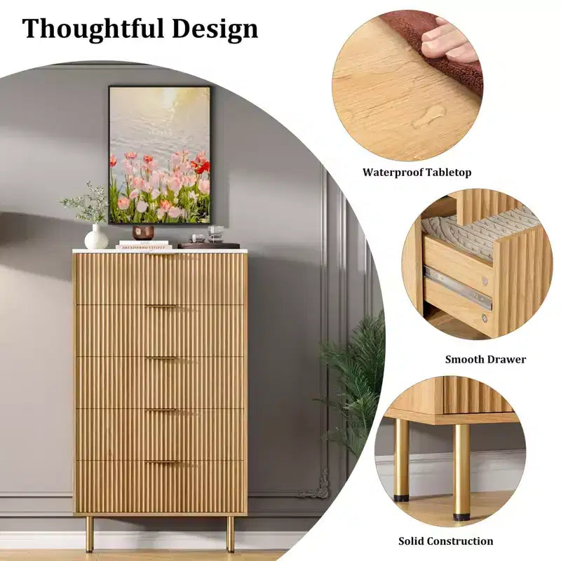 Cassettiera a 5 cassetti con cassetti ampi - Comò moderno in legno per camera da letto, soggiorno, ripostiglio e corridoio