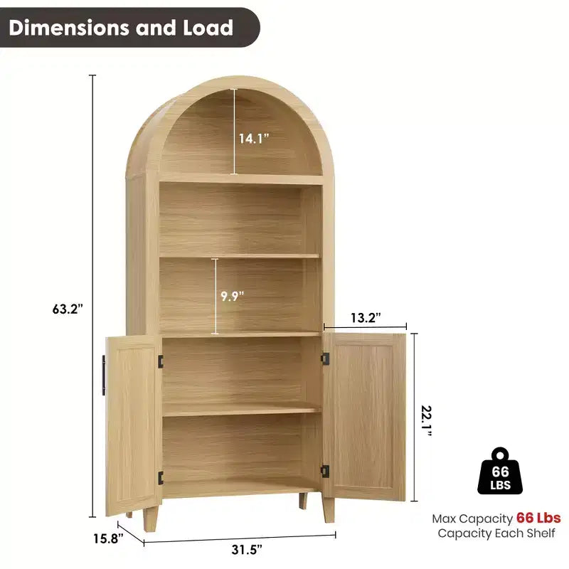 COZONY Libreria ad arco con ante, libreria moderna a 5 ripiani con armadietto, scaffale espositivo aperto per soggiorno e ufficio
