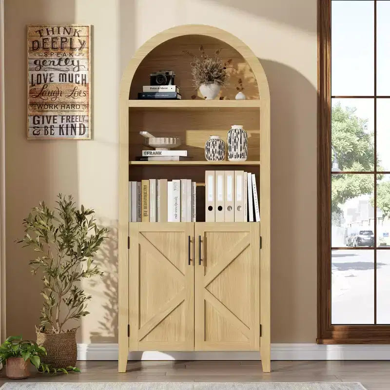 COZONY Libreria ad arco con ante, libreria moderna a 5 ripiani con armadietto, scaffale espositivo aperto per soggiorno e ufficio