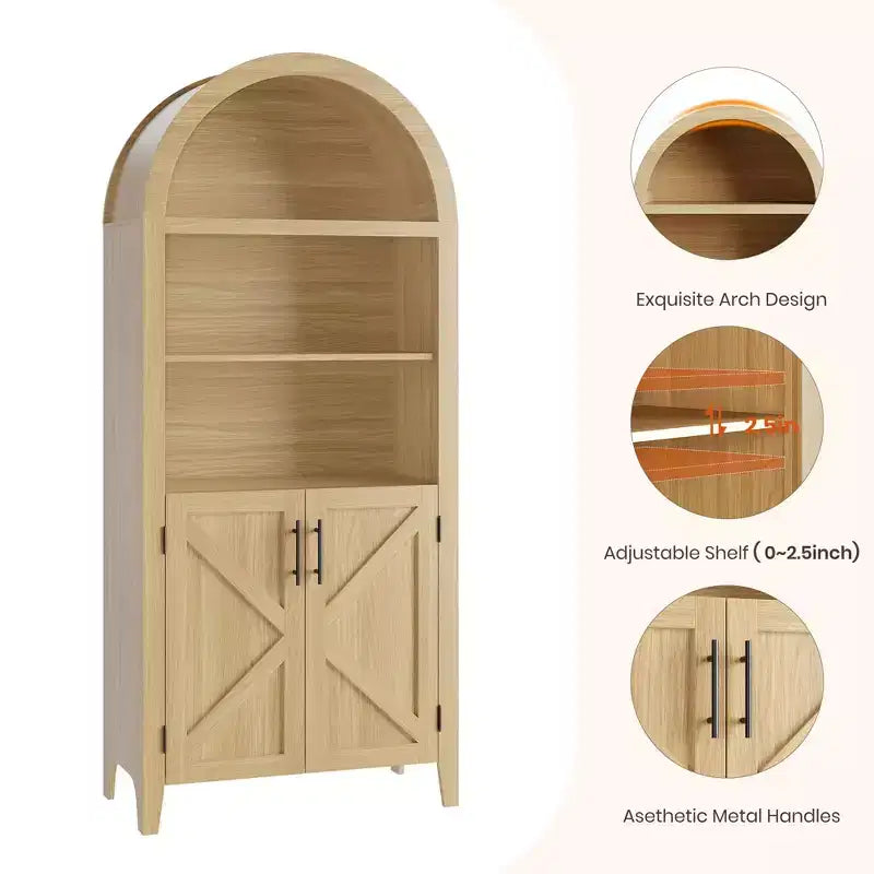 COZONY Libreria ad arco con ante, libreria moderna a 5 ripiani con armadietto, scaffale espositivo aperto per soggiorno e ufficio