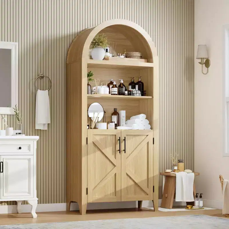 COZONY Libreria ad arco con ante, libreria moderna a 5 ripiani con armadietto, scaffale espositivo aperto per soggiorno e ufficio