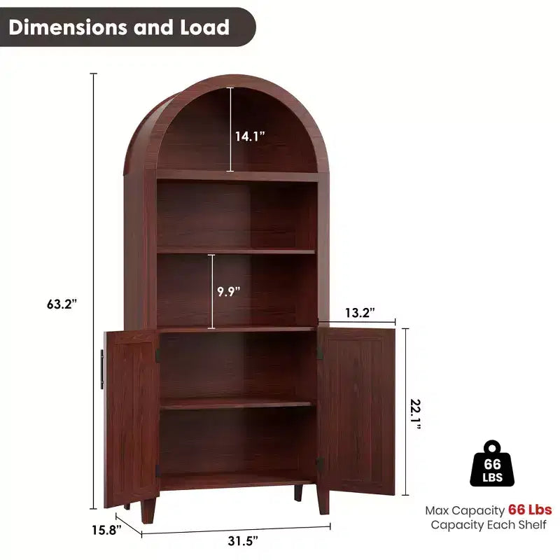 COZONY Libreria ad arco con ante, libreria moderna a 5 ripiani con armadietto, scaffale espositivo aperto per soggiorno e ufficio