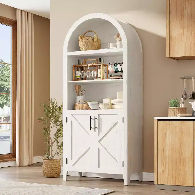 COZONY Libreria ad arco con ante, libreria moderna a 5 ripiani con armadietto, scaffale espositivo aperto per soggiorno e ufficio