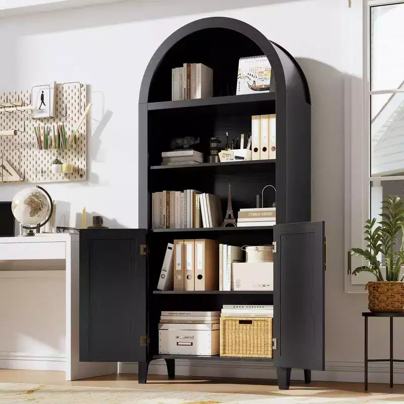 COZONY Libreria ad arco con ante, libreria moderna a 5 ripiani con armadietto, scaffale espositivo aperto per soggiorno e ufficio