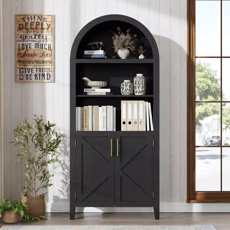COZONY Libreria ad arco con ante, libreria moderna a 5 ripiani con armadietto, scaffale espositivo aperto per soggiorno e ufficio