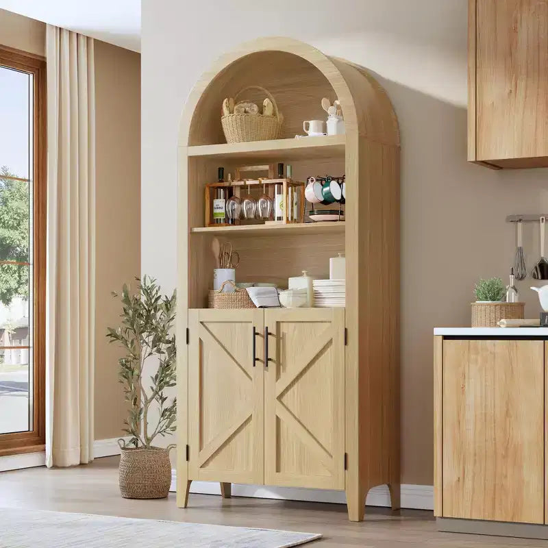 COZONY Libreria ad arco con ante, libreria moderna a 5 ripiani con armadietto, scaffale espositivo aperto per soggiorno e ufficio