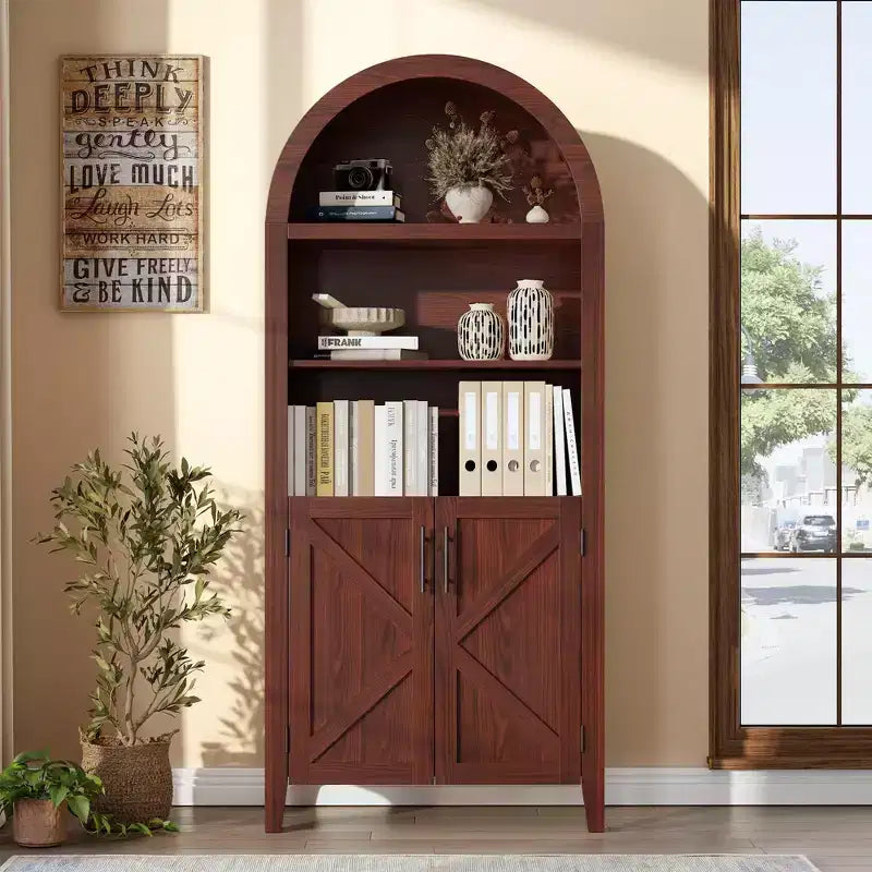 COZONY Libreria ad arco con ante, libreria moderna a 5 ripiani con armadietto, scaffale espositivo aperto per soggiorno e ufficio