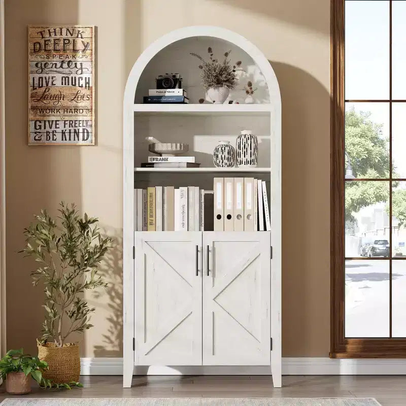 COZONY Libreria ad arco con ante, libreria moderna a 5 ripiani con armadietto, scaffale espositivo aperto per soggiorno e ufficio