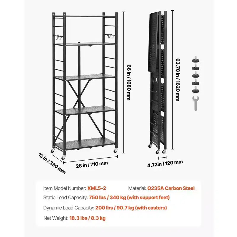 Scaffale portaoggetti pieghevole a 5 ripiani VIYET con ruote, 71 x 33 x 168 cm, in metallo