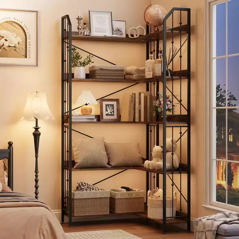 Scaffale angolare a 5 ripiani, libreria alta a L da 183 cm, organizer e contenitore, libreria moderna per camera da letto, soggiorno e ufficio