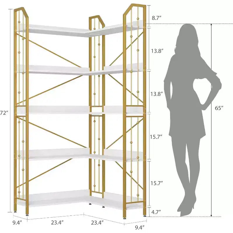 Scaffale angolare a 5 ripiani, libreria alta a L da 183 cm, organizer e contenitore, libreria moderna per camera da letto, soggiorno e ufficio