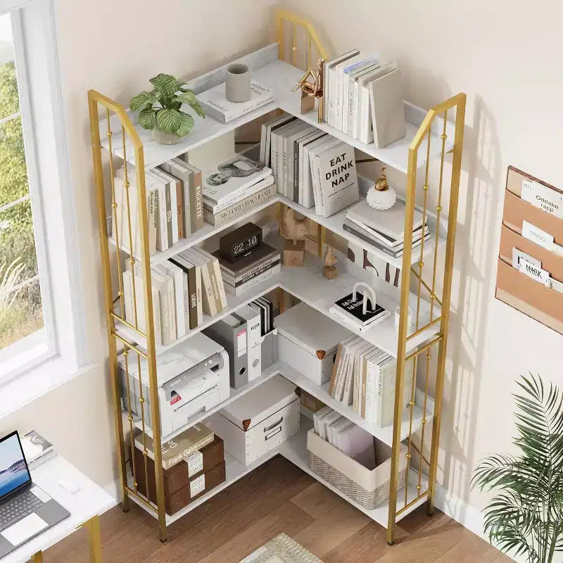 Scaffale angolare a 5 ripiani, libreria alta a L da 183 cm, organizer e contenitore, libreria moderna per camera da letto, soggiorno e ufficio