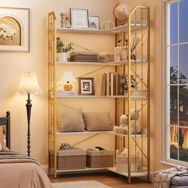 Scaffale angolare a 5 ripiani, libreria alta a L da 183 cm, organizer e contenitore, libreria moderna per camera da letto, soggiorno e ufficio