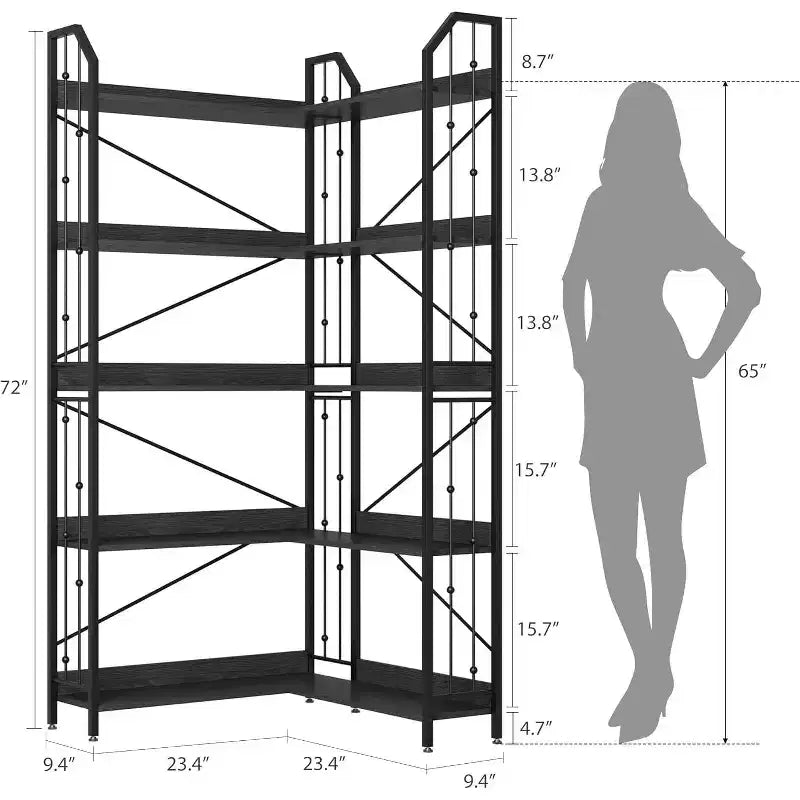 Scaffale angolare a 5 ripiani, libreria alta a L da 183 cm, organizer e contenitore, libreria moderna per camera da letto, soggiorno e ufficio