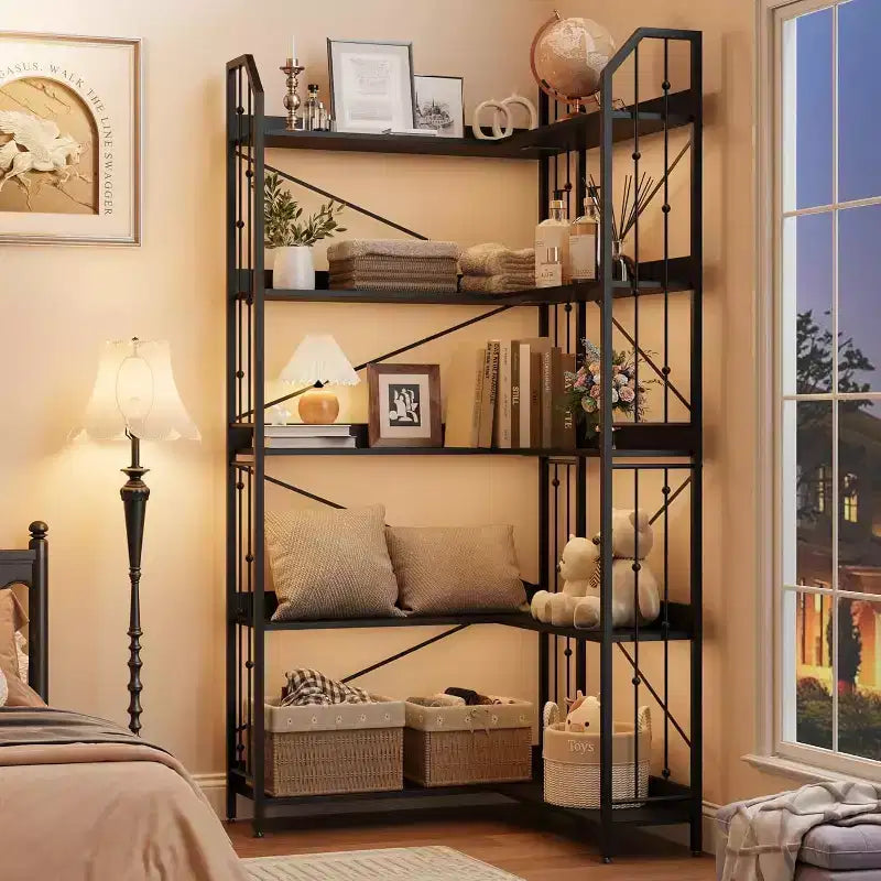 Scaffale angolare a 5 ripiani, libreria alta a L da 183 cm, organizer e contenitore, libreria moderna per camera da letto, soggiorno e ufficio