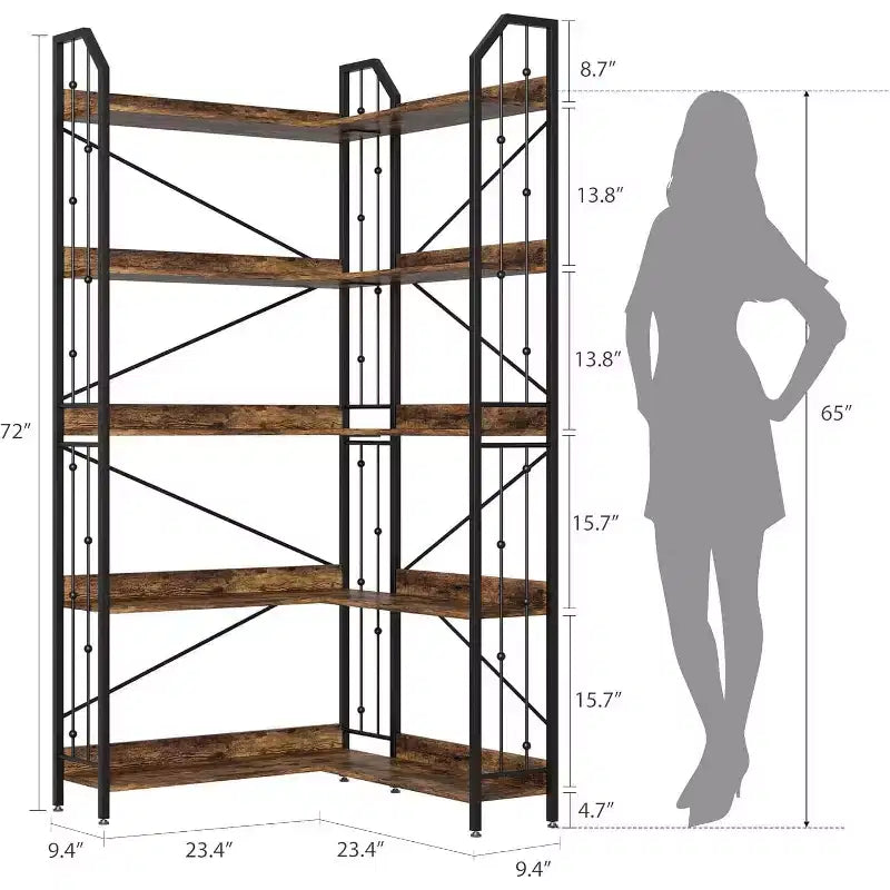 Scaffale angolare a 5 ripiani, libreria alta a L da 183 cm, organizer e contenitore, libreria moderna per camera da letto, soggiorno e ufficio