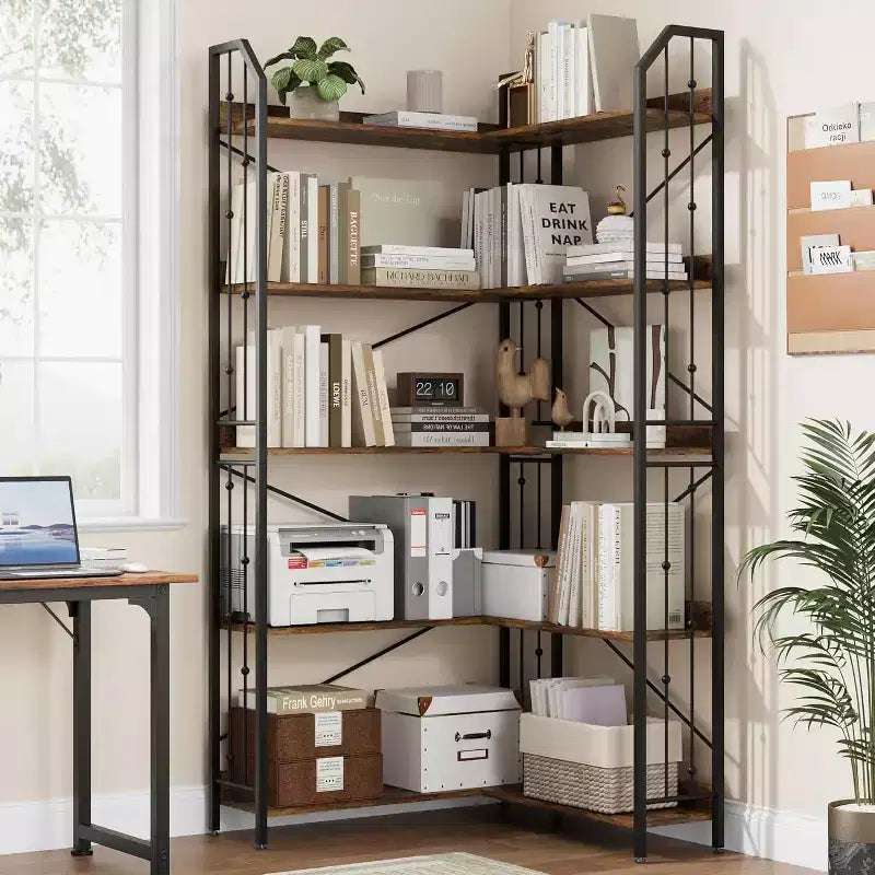 Scaffale angolare a 5 ripiani, libreria alta a L da 183 cm, organizer e contenitore, libreria moderna per camera da letto, soggiorno e ufficio